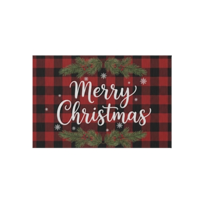 Red and Black Plaid Christmas Area Rug | Pine Needles Print | Durable Polyester Chenille Mat for Porch & Home